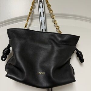 Loewe Black Leather flamenco clutch bag with 2 straps